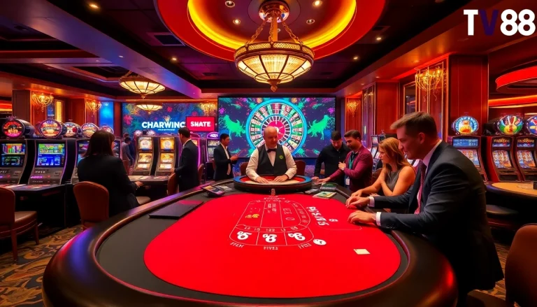 Players enjoying a thrilling game at TV88 casino, featuring vibrant tables and lively atmosphere.