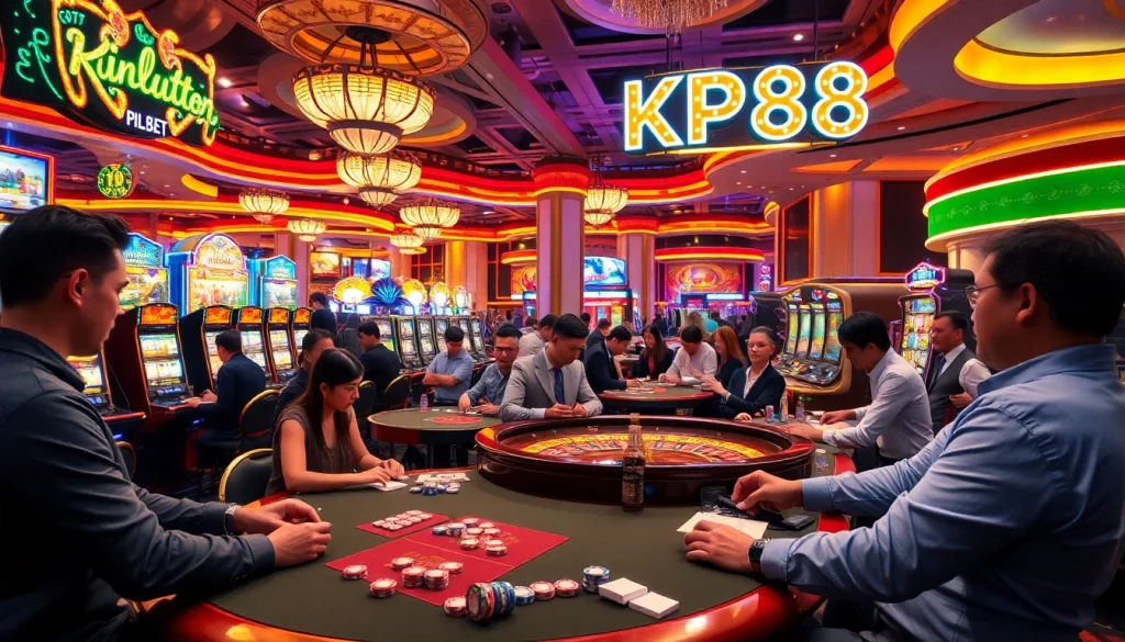 Gamblers enjoying an exciting casino atmosphere featuring KP88 themed elements, vibrant slots, and roulette.