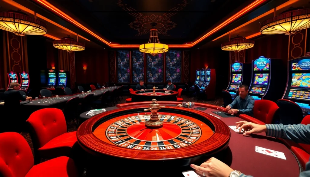 Experience ww88 excitement at a luxurious casino with roulette and slot machines.