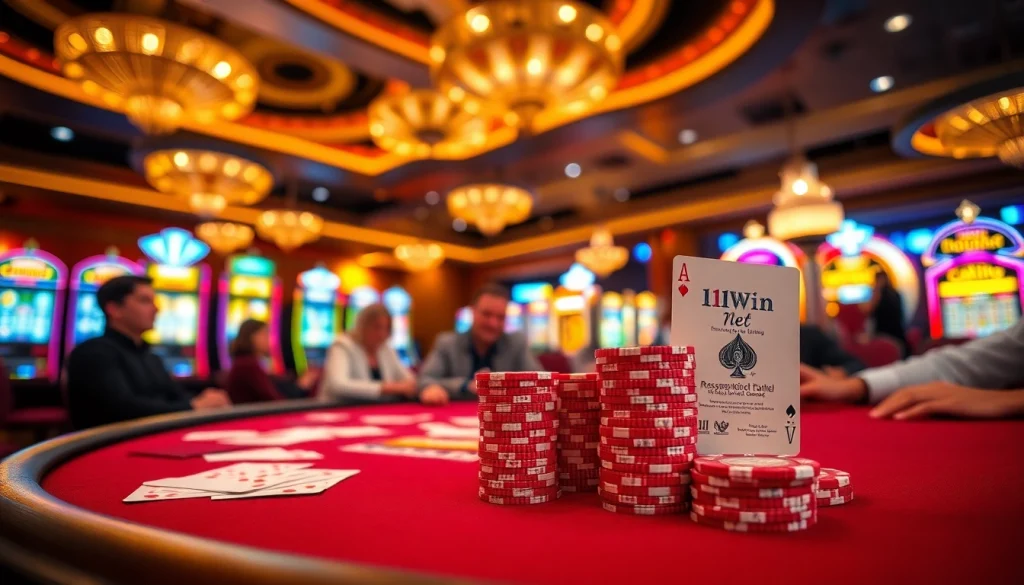 Poker excitement at 11win net with players, chips, and vibrant casino atmosphere.