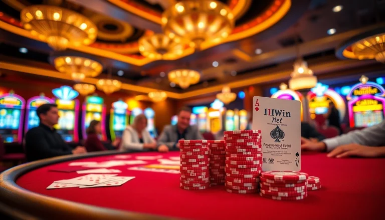Poker excitement at 11win net with players, chips, and vibrant casino atmosphere.