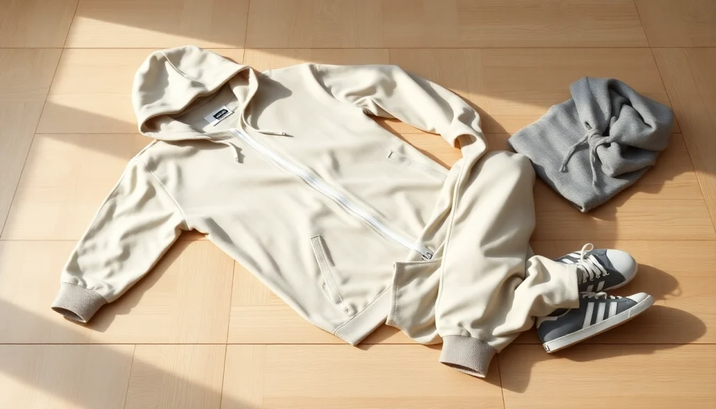 Essentials Tracksuit displayed elegantly with sneakers, showcasing soft fabric and stylish design.