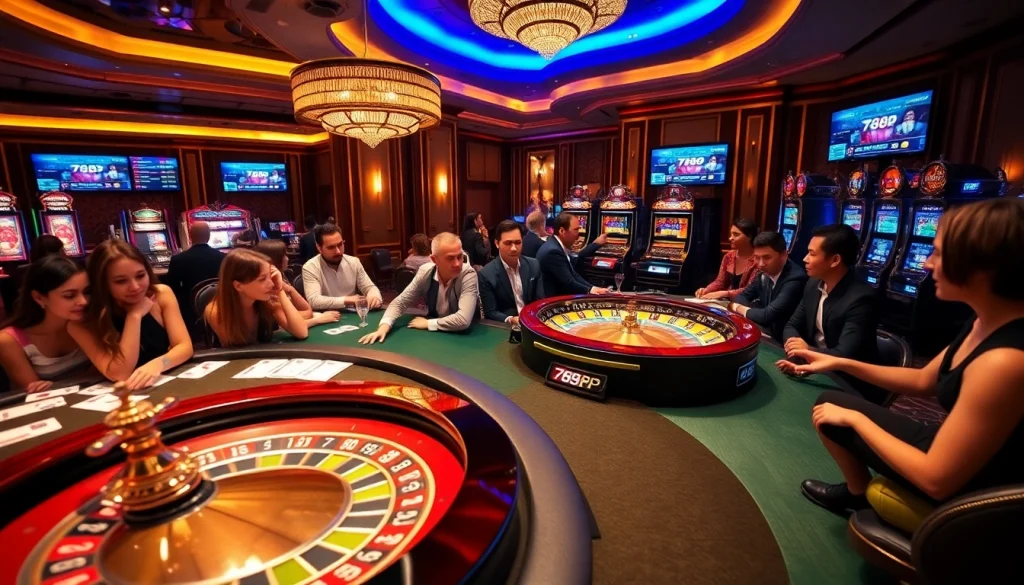 Players enjoying poker and slots at the luxurious 789P casino.