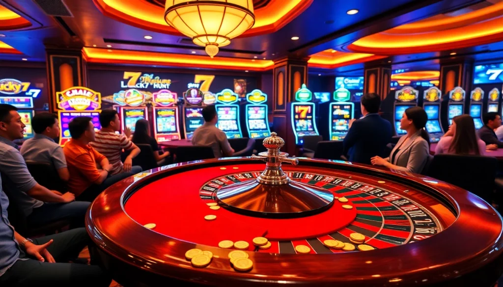 Betting excitement at https://thabet77.org/ with poker games, slot machines, and roulette wheel.