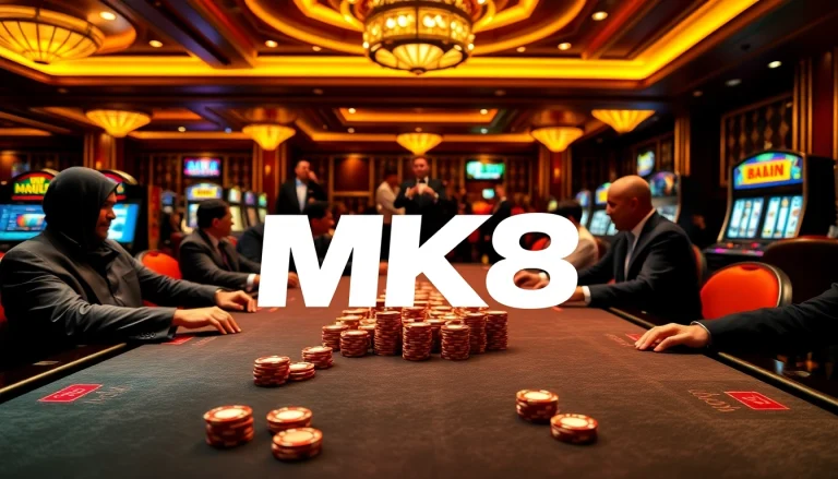 Players enjoying high-stakes poker at MK8 casino with vibrant lights and excitement.
