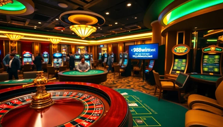 A vibrant casino scene showcasing high-stakes gambling with roulette wheels and slot machines at https://98wincom.best/.