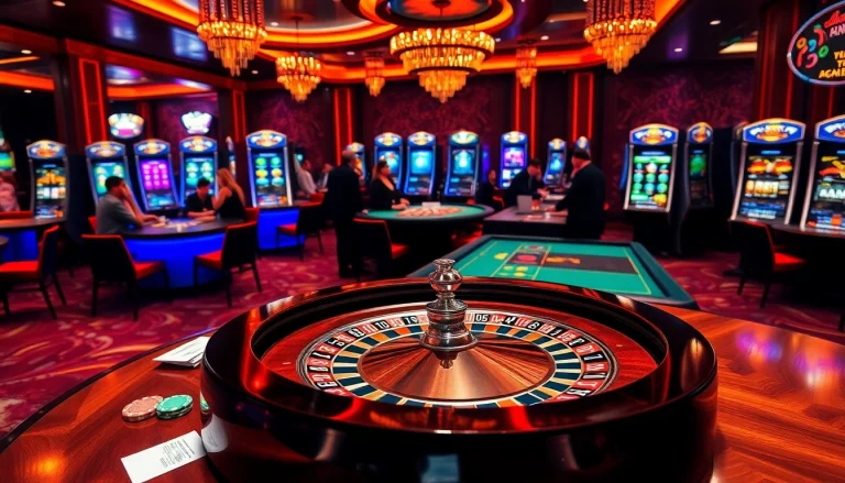 Players enjoying EE88-themed games at a luxurious casino with roulette and poker tables.