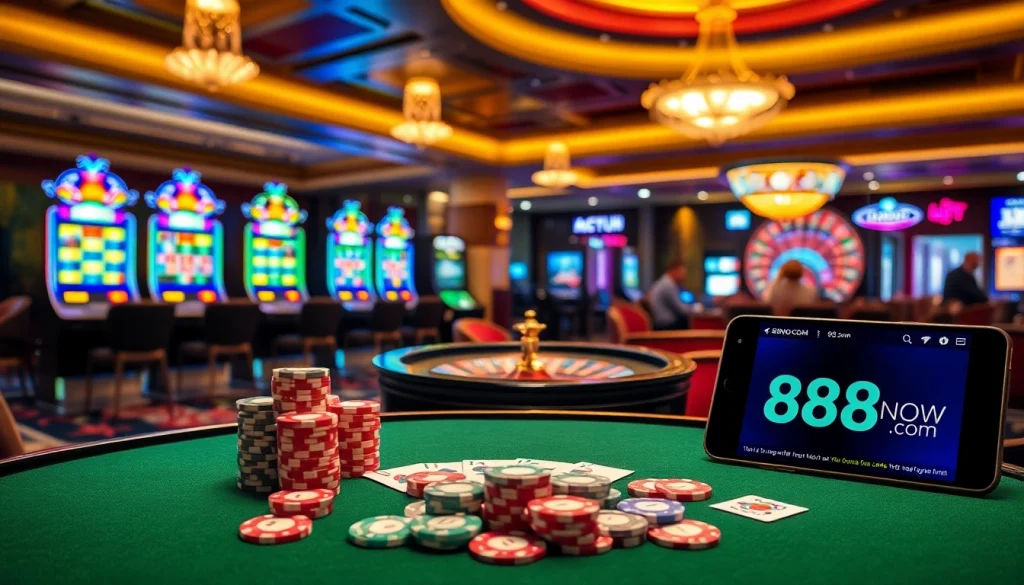 Experience the thrill of gambling at 888now.com with a stunning casino scene featuring poker and slot machines.
