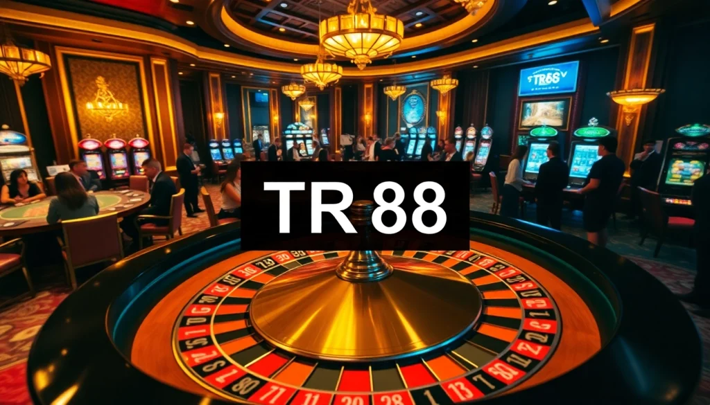 Players enjoy a thrilling game at the TR88 roulette table on a vibrant casino floor.