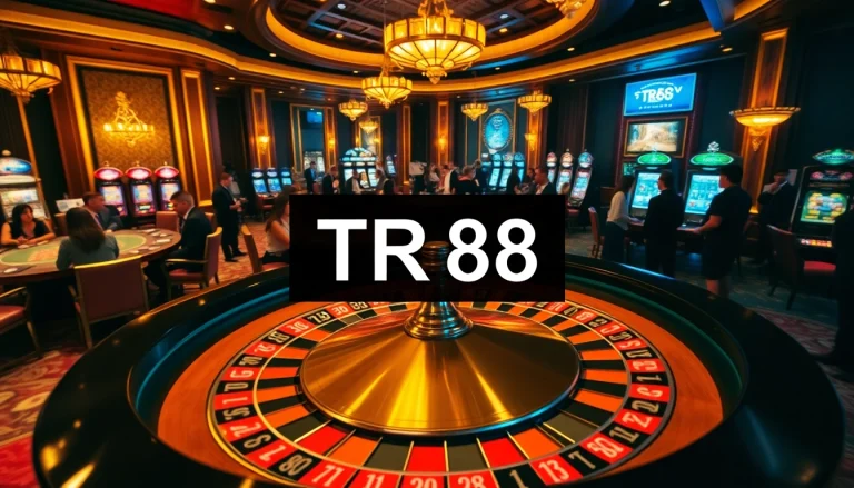 Players enjoy a thrilling game at the TR88 roulette table on a vibrant casino floor.