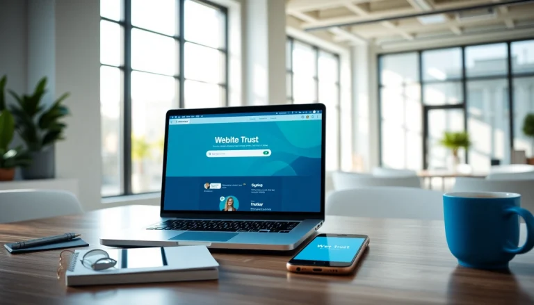 在充满活力的办公室环境中，笔记本电脑上显示的快连官网网站界面，突出科技与生产力。