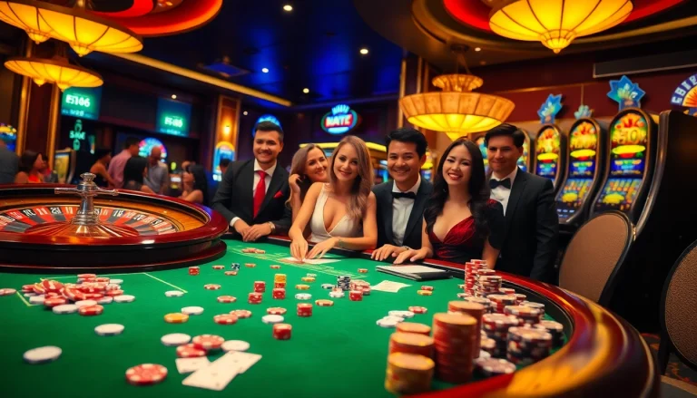 Experience the thrill at F168 casino with vibrant gaming tables and excited players.