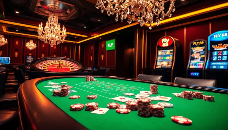 Experience the thrill of FLY 88 with vibrant casino tables and exciting gambling activities.