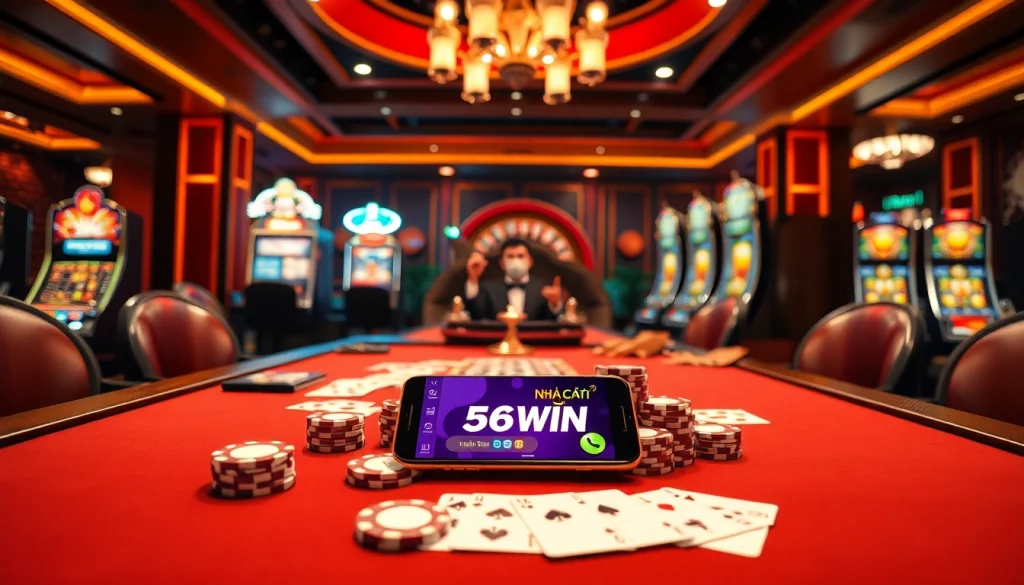 Experience the excitement of Nhà Cái 56WIN with vibrant poker and roulette tables in a luxury casino.