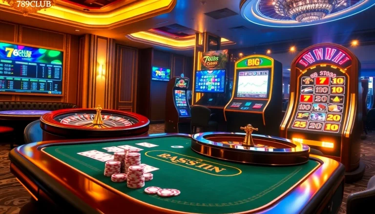 A dynamic casino scene featuring the thrill of gaming at 789CLUB, showcasing poker chips, cards, and a roulette wheel.