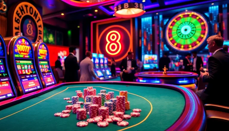 Players enjoying a high-stakes game at the S8 casino, surrounded by vibrant slot machines and poker chips.