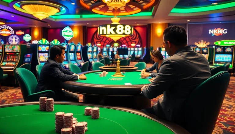 Engaged players at an nk88 poker table showcasing high stakes and vibrant casino lights.