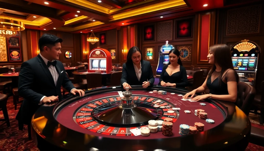 Experience the excitement of NHÀ CÁI LC88 in a vibrant casino scene with roulette and blackjack tables bustling with players.