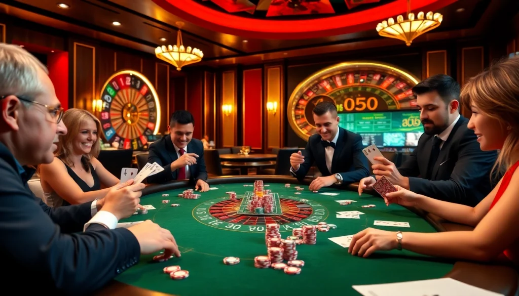 Players enjoying a lively poker game at win55, showcasing excitement and elegance in online gambling.