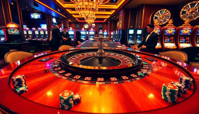 Players engaging in thrilling games at SOIBET's luxurious casino, featuring poker chips and roulette.
