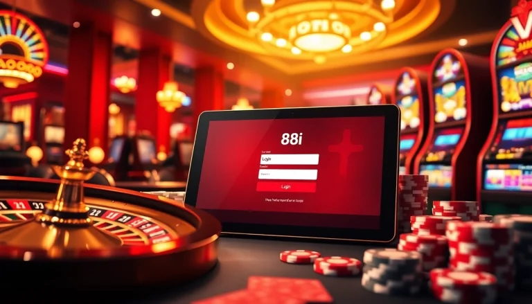 Experience the excitement of 88i đăng nhập in a vibrant casino setting with engaging gambling elements.