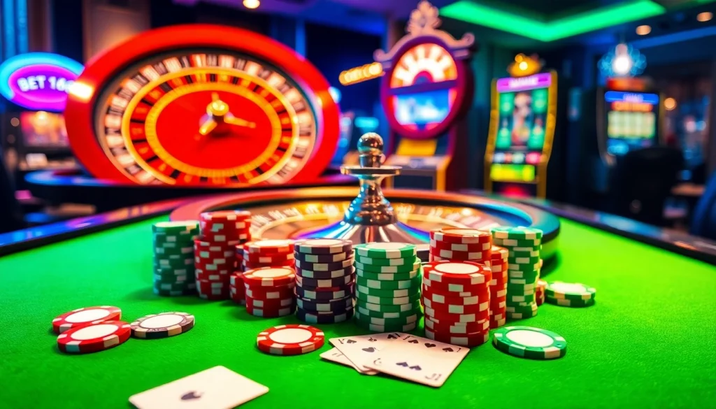 Experience the thrill of gaming at https://bet168.me/ with a luxurious poker table and roulette wheel.