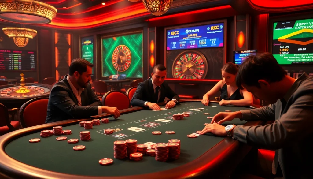 KJC poker table action with colorful chips and players immersed in a thrilling game.