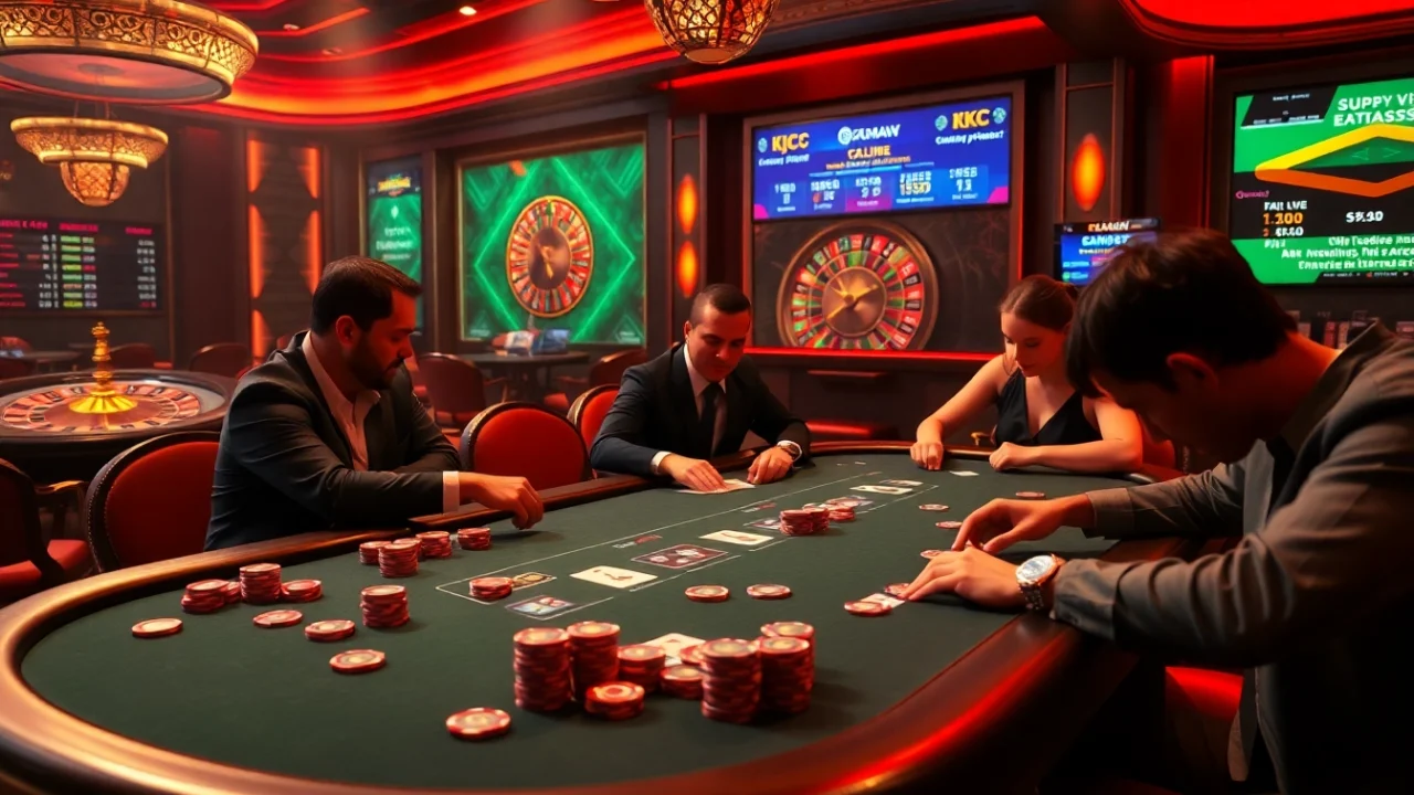 KJC poker table action with colorful chips and players immersed in a thrilling game.