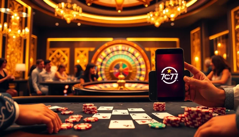 Experience thrilling gambling action at 7C77 with a dazzling poker table and vibrant casino atmosphere.