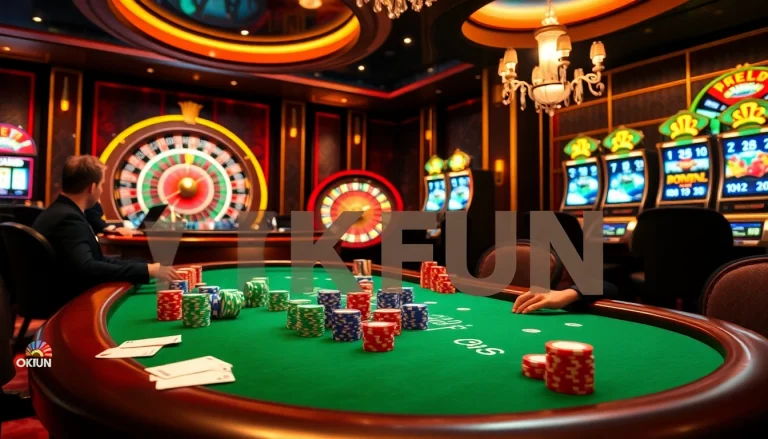 Experience thrilling gameplay at OKFUN's luxurious casino with vibrant poker chips and roulette action.