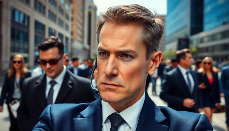 Personal security personnel maintaining vigilance in an urban setting, enhancing public safety.