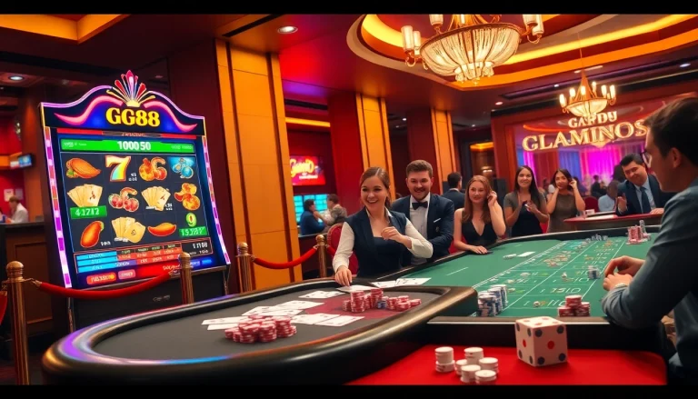 Engaging gamblers playing vibrant GG88 slot machines with colorful lights in a luxurious casino.