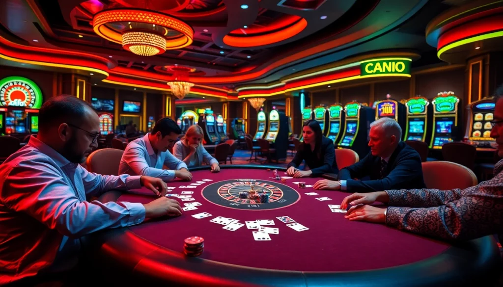 Engaged players at an OK-themed high-stakes poker table, illustrating intense gambling action.