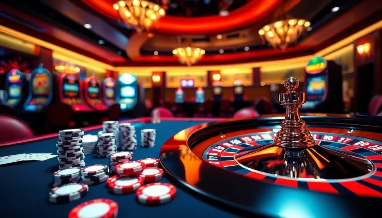 Exciting gambling scene at https://789f00.net/ featuring poker chips and roulette wheel in a luxury casino.