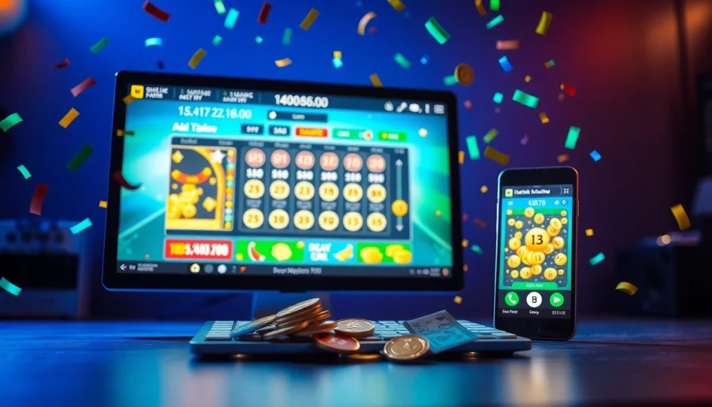 Engaging scene portraying 92 lottery excitement with gaming interfaces and winning elements.