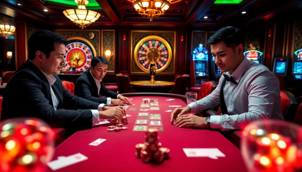 Players enjoying a thrilling game of Luckywin tài xỉu at an upscale casino table.