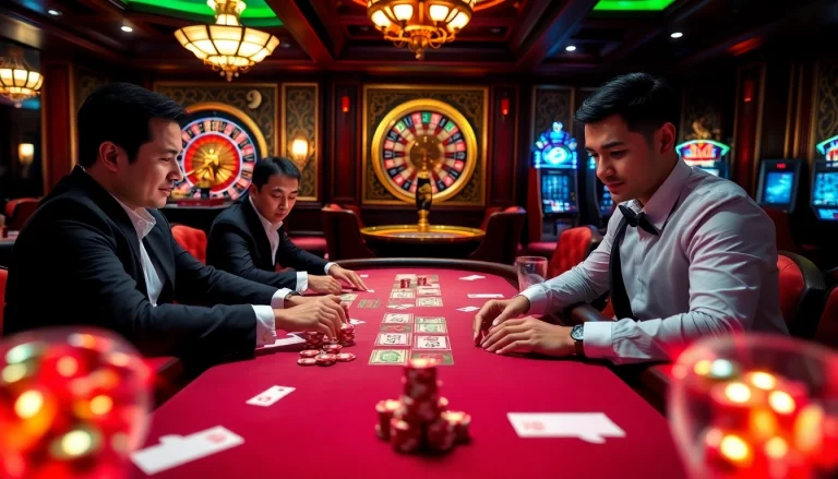 Players enjoying a thrilling game of Luckywin tài xỉu at an upscale casino table.