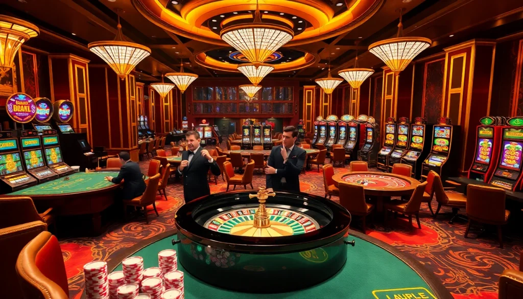 Players enjoying a luxurious casino experience at https://uu88joli.com/, featuring vibrant roulette and poker tables.