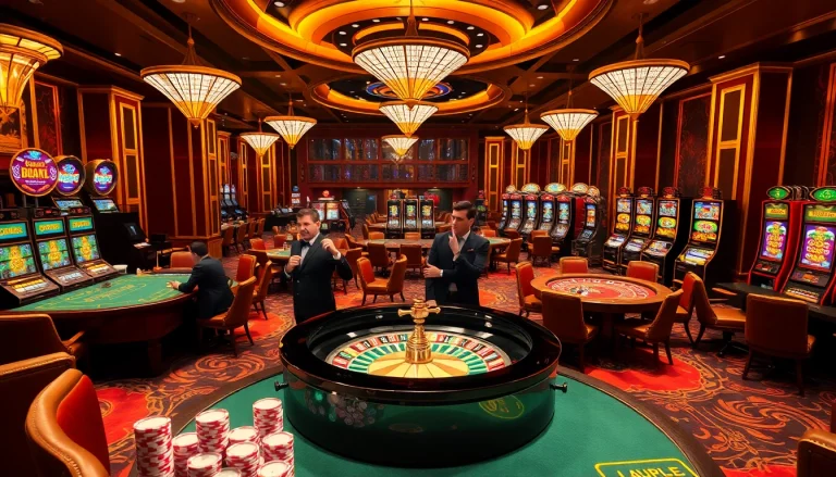 Players enjoying a luxurious casino experience at https://uu88joli.com/, featuring vibrant roulette and poker tables.