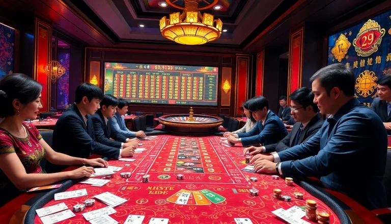 A casino game scene showcasing players enjoying Tài Xỉu MD5, with vibrant chips and dice.