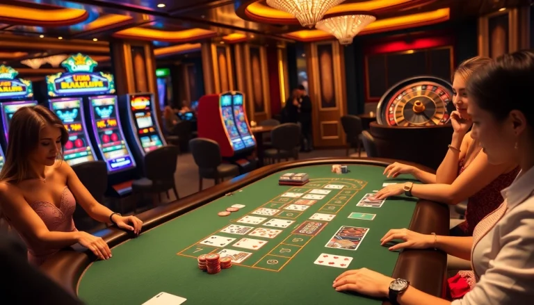 Players enjoying a thrilling game at the UU88 blackjack table in a luxurious casino setting.