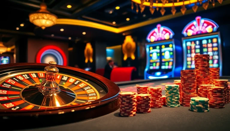 Players enjoy exciting games at LUCKYWIN casino with vibrant slot machines and roulette tables.