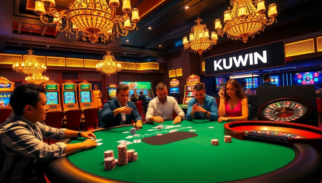 Excited players engage at a KUWIN poker table in a luxurious casino setting, surrounded by vibrant slot machines.