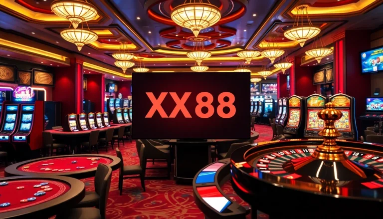 Experience the excitement of nhà cái XX88 with vibrant casino game tables and slot machines.