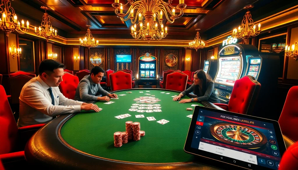 Players engaging in a high-stakes poker game at https://f168info.com/, surrounded by vibrant casino elements.