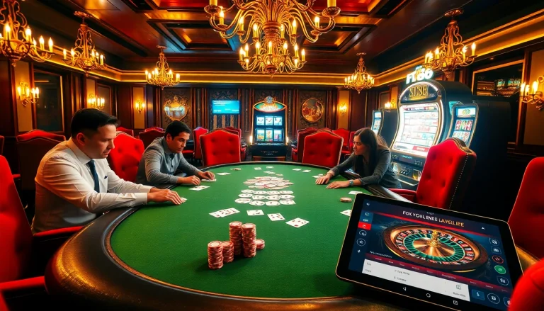 Players engaging in a high-stakes poker game at https://f168info.com/, surrounded by vibrant casino elements.