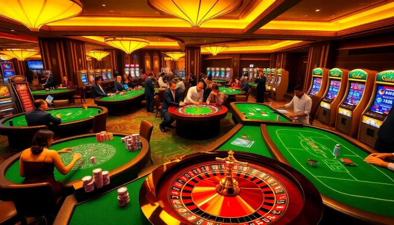 Exciting casino action showcasing 789bet's vibrant gambling atmosphere with roulette and poker tables.