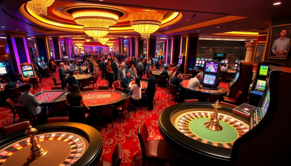 KJC casino gaming scene with players at tables, roulette wheels, and vibrant slot machines.