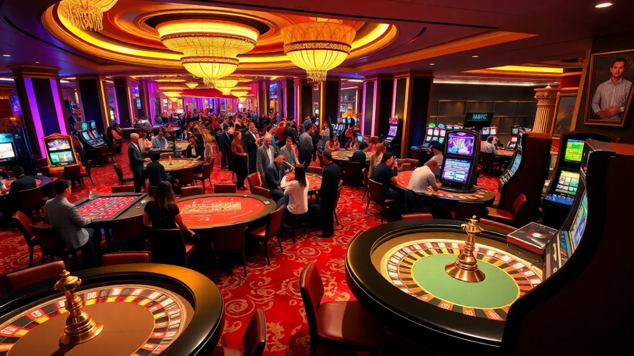 KJC casino gaming scene with players at tables, roulette wheels, and vibrant slot machines.