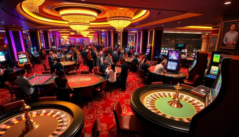 KJC casino gaming scene with players at tables, roulette wheels, and vibrant slot machines.